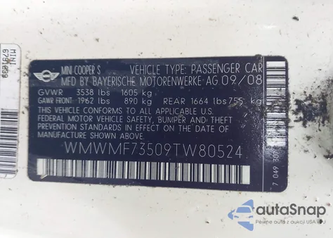 2009 Mini Cooper S z USA, uszkodzony, nr VIN WMWMF73509TW80524